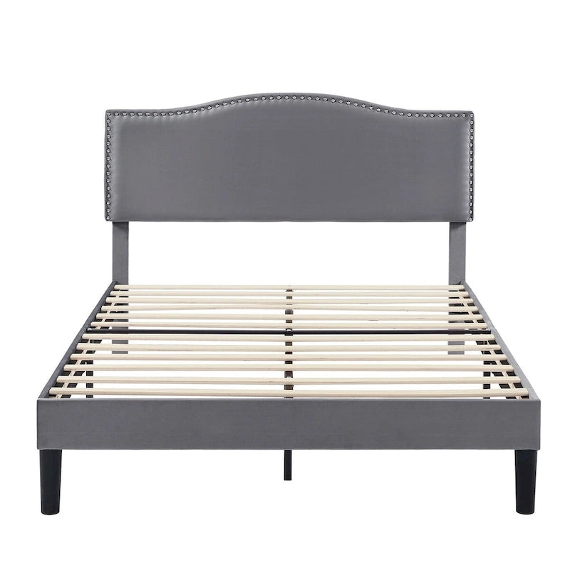 VECELO, Cadre de lit plateforme rembourré avec tête de lit cloutée, tailles Twin, Full et Queen - Gris