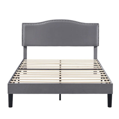 VECELO, Cadre de lit plateforme rembourré avec tête de lit cloutée, tailles Twin, Full et Queen - Gris