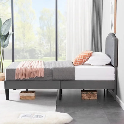 VECELO, Cadre de lit plateforme rembourré avec tête de lit cloutée, tailles Twin, Full et Queen - Gris