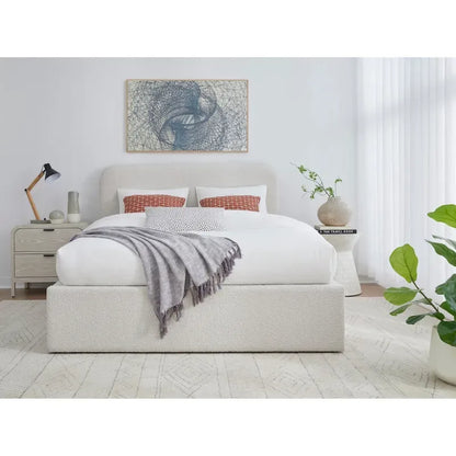 Lit plateforme capitonné blanc cassé en tissu ricotta bouclé