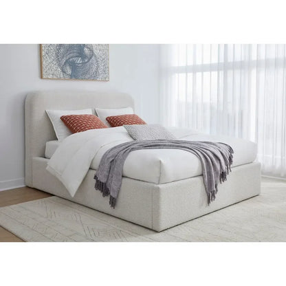Lit plateforme capitonné blanc cassé en tissu ricotta bouclé