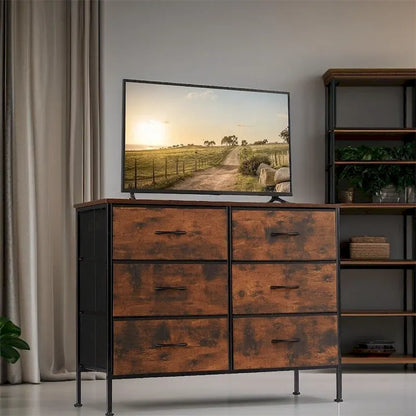 Commode à 6 tiroirs avec structure en métal et plateau en bois