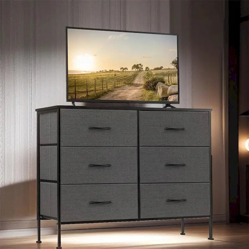Commode à 6 tiroirs avec structure en métal et plateau en bois