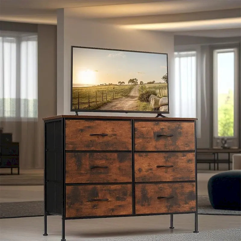 Commode à 6 tiroirs avec structure en métal et plateau en bois
