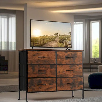 Commode à 6 tiroirs avec structure en métal et plateau en bois