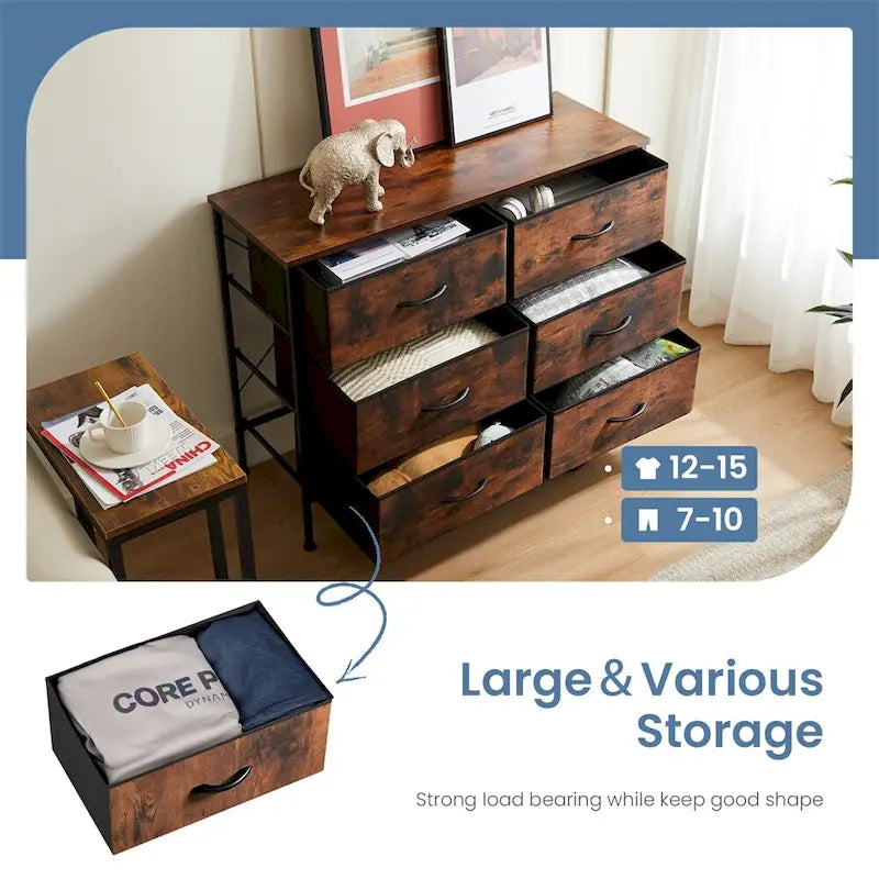 Commode à 6 tiroirs avec structure en métal et plateau en bois