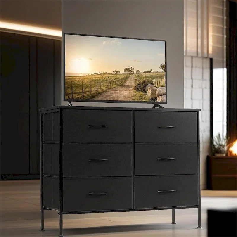 Commode à 6 tiroirs avec structure en métal et plateau en bois