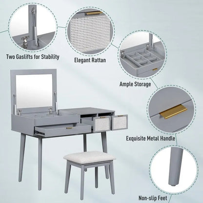 Ensemble coiffeuse moderne Grondin avec miroir rabattable, tabouret rembourré et tiroirs, ensemble de maquillage 2 en 1 pour chambre à coucher