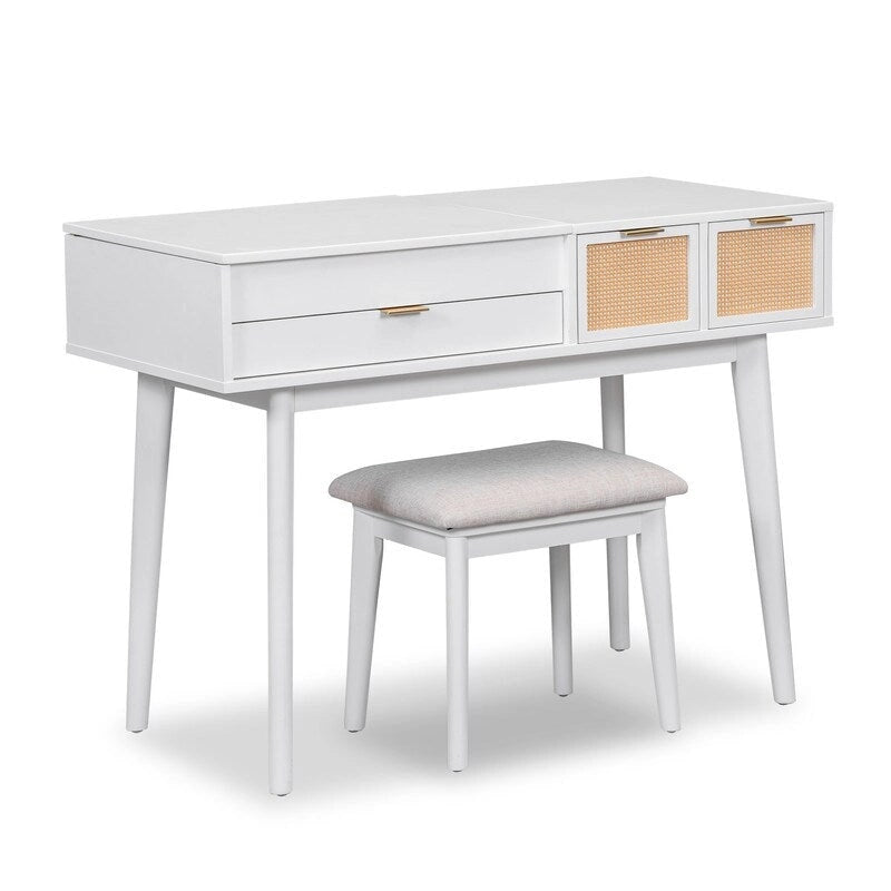 Ensemble coiffeuse moderne Grondin avec miroir rabattable, tabouret rembourré et tiroirs, ensemble de maquillage 2 en 1 pour chambre à coucher