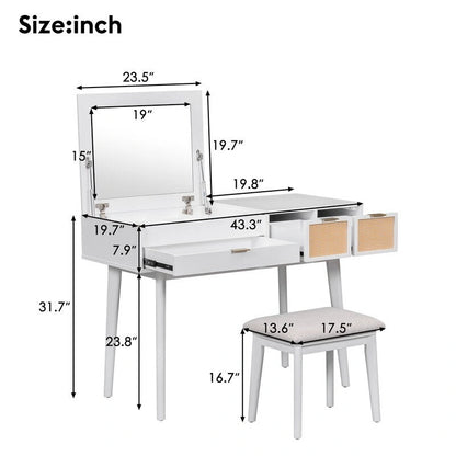 Ensemble coiffeuse moderne Grondin avec miroir rabattable, tabouret rembourré et tiroirs, ensemble de maquillage 2 en 1 pour chambre à coucher