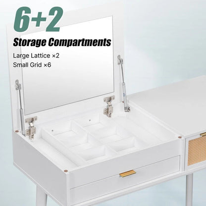 Ensemble coiffeuse moderne Grondin avec miroir rabattable, tabouret rembourré et tiroirs, ensemble de maquillage 2 en 1 pour chambre à coucher