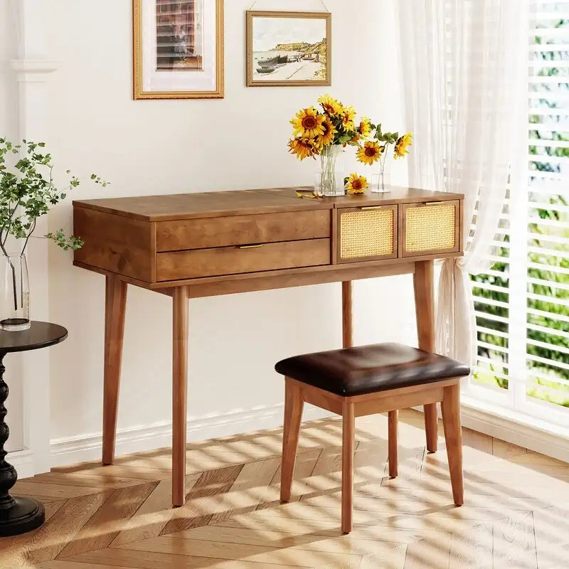 Ensemble coiffeuse moderne Grondin avec miroir rabattable, tabouret rembourré et tiroirs, ensemble de maquillage 2 en 1 pour chambre à coucher