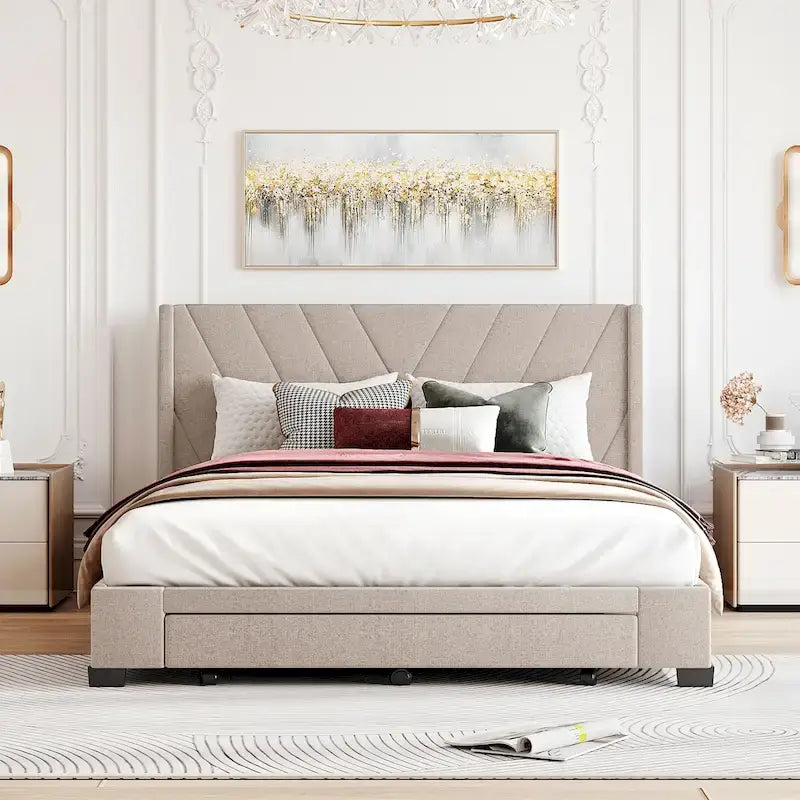 Lit plateforme CUSchoice Queen Size en lin rembourré avec 3 tiroirs et rangement