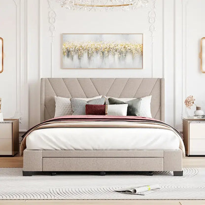 Lit plateforme CUSchoice Queen Size en lin rembourré avec 3 tiroirs et rangement