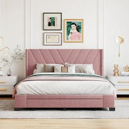 Lit plateforme CUSchoice Queen Size en lin rembourré avec 3 tiroirs et rangement