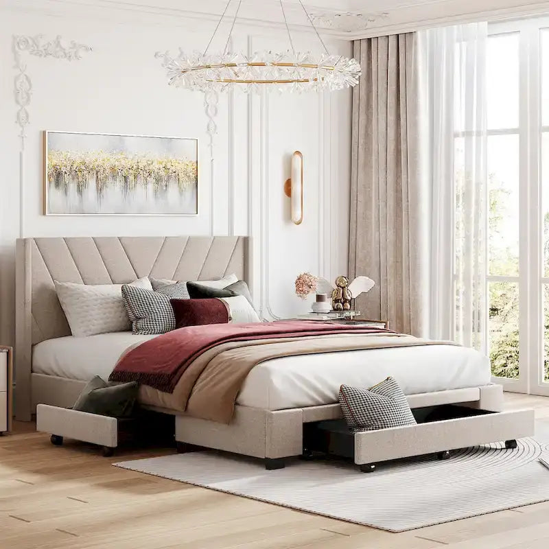 Lit plateforme CUSchoice Queen Size en lin rembourré avec 3 tiroirs et rangement