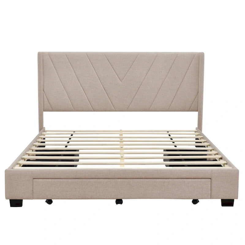 Lit plateforme CUSchoice Queen Size en lin rembourré avec 3 tiroirs et rangement