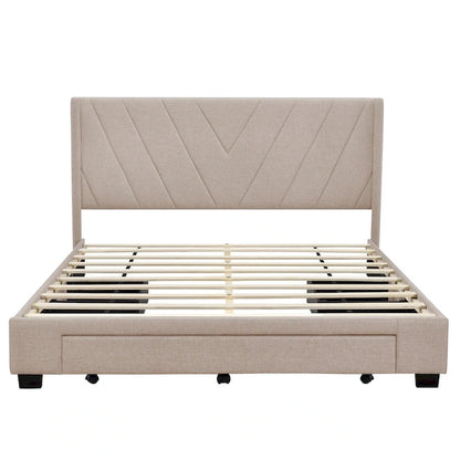 Lit plateforme CUSchoice Queen Size en lin rembourré avec 3 tiroirs et rangement