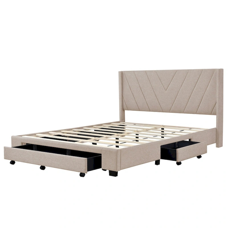 Lit plateforme CUSchoice Queen Size en lin rembourré avec 3 tiroirs et rangement