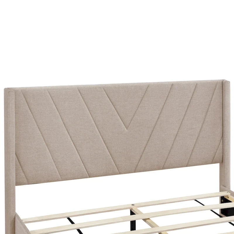 Lit plateforme CUSchoice Queen Size en lin rembourré avec 3 tiroirs et rangement