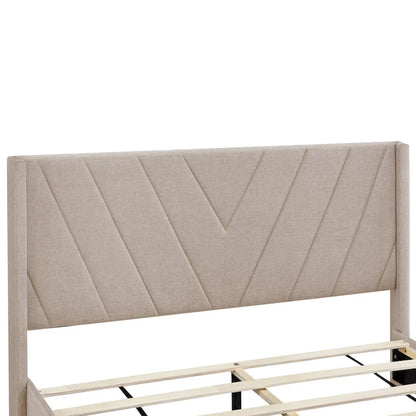 Lit plateforme CUSchoice Queen Size en lin rembourré avec 3 tiroirs et rangement