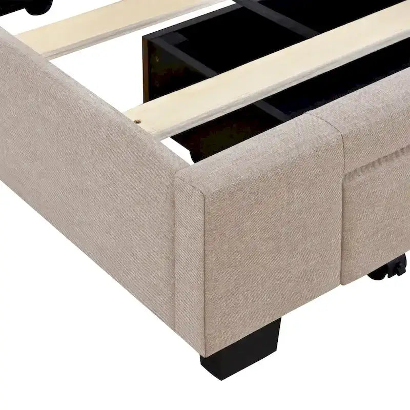 Lit plateforme CUSchoice Queen Size en lin rembourré avec 3 tiroirs et rangement