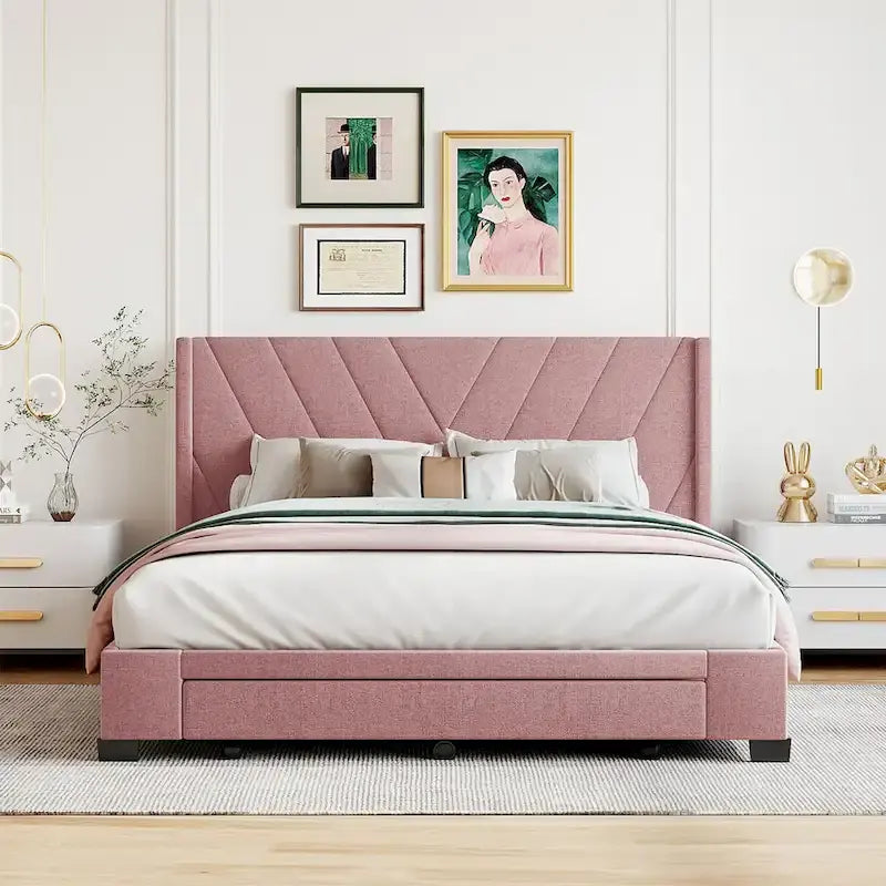 Lit plateforme CUSchoice Queen Size en lin rembourré avec 3 tiroirs et rangement