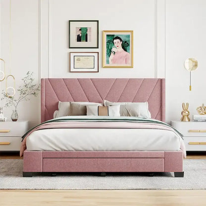 Lit plateforme CUSchoice Queen Size en lin rembourré avec 3 tiroirs et rangement