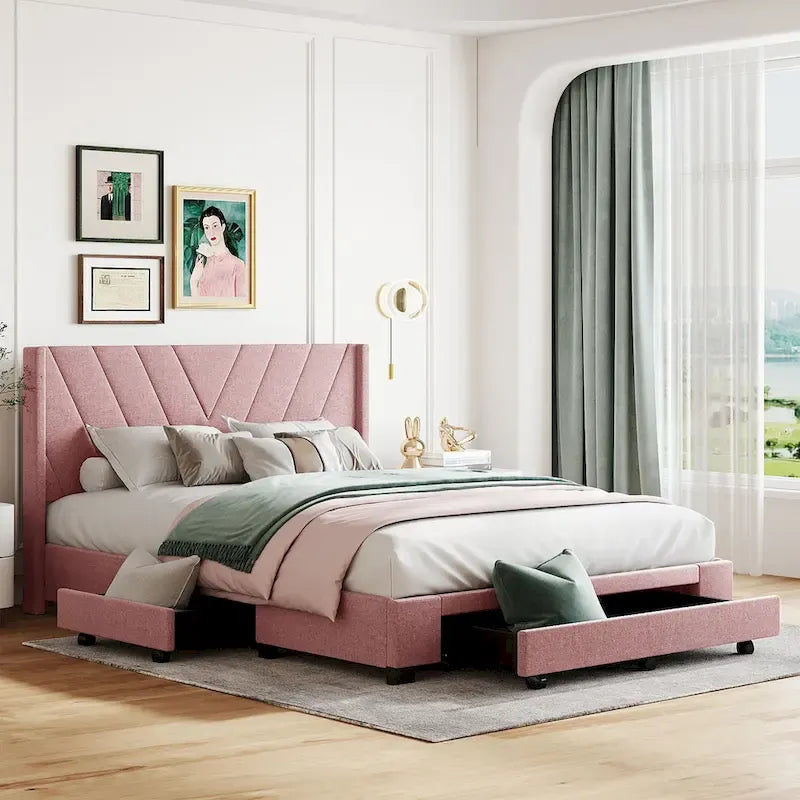 Lit plateforme CUSchoice Queen Size en lin rembourré avec 3 tiroirs et rangement