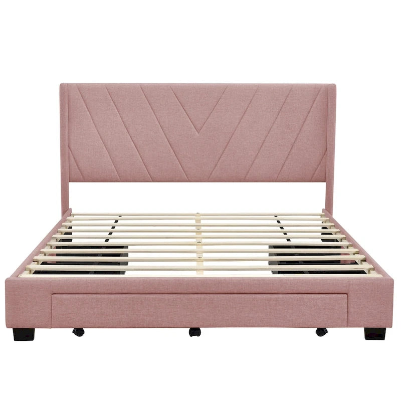 Lit plateforme CUSchoice Queen Size en lin rembourré avec 3 tiroirs et rangement