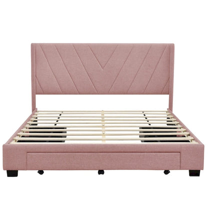 Lit plateforme CUSchoice Queen Size en lin rembourré avec 3 tiroirs et rangement