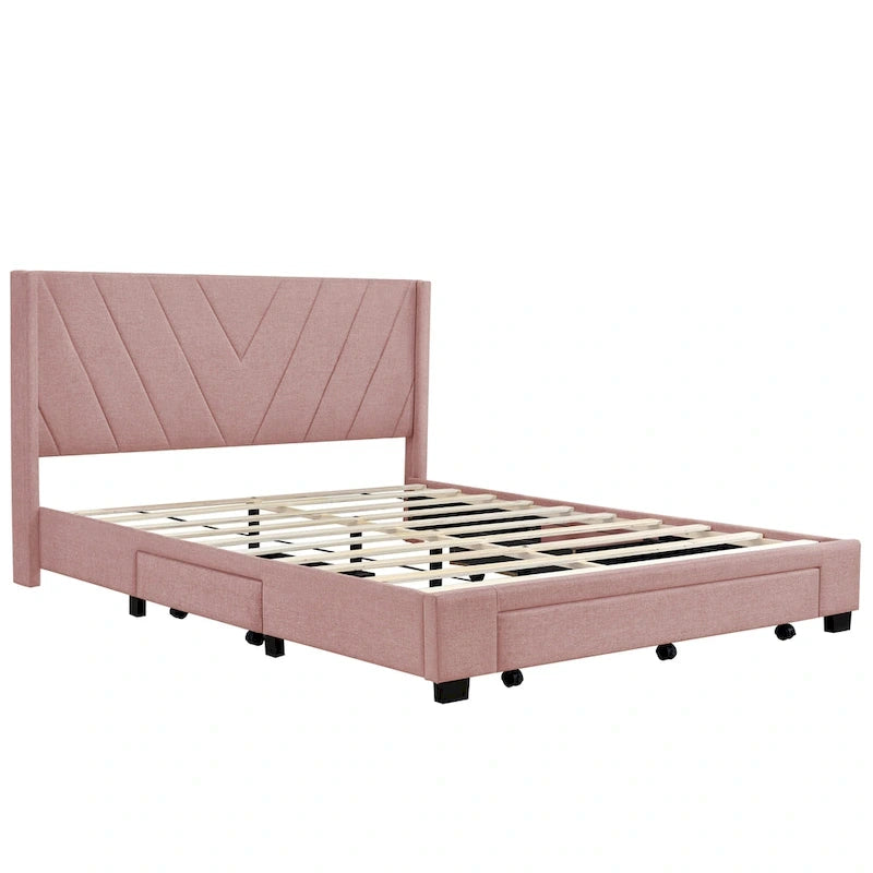 Lit plateforme CUSchoice Queen Size en lin rembourré avec 3 tiroirs et rangement