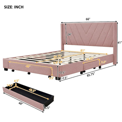Lit plateforme CUSchoice Queen Size en lin rembourré avec 3 tiroirs et rangement