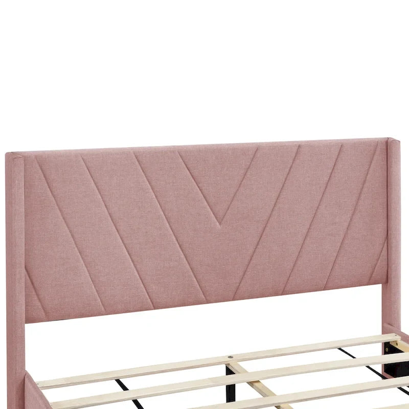 Lit plateforme CUSchoice Queen Size en lin rembourré avec 3 tiroirs et rangement