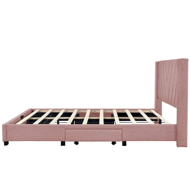 Lit plateforme CUSchoice Queen Size en lin rembourré avec 3 tiroirs et rangement