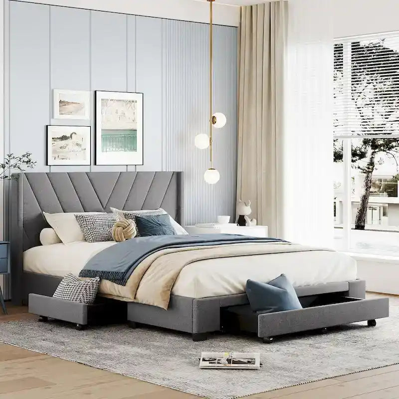 Lit plateforme CUSchoice Queen Size en lin rembourré avec 3 tiroirs et rangement