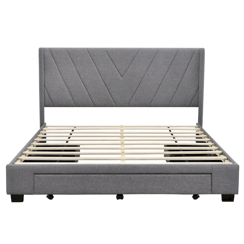 Lit plateforme CUSchoice Queen Size en lin rembourré avec 3 tiroirs et rangement