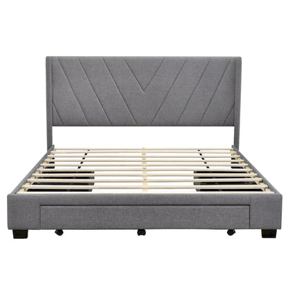 Lit plateforme CUSchoice Queen Size en lin rembourré avec 3 tiroirs et rangement
