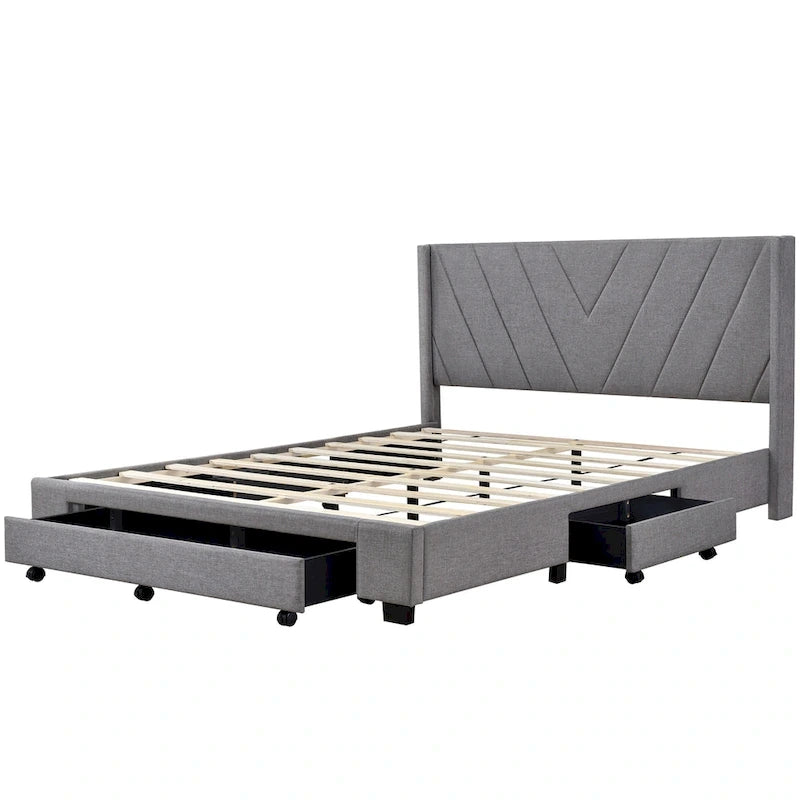 Lit plateforme CUSchoice Queen Size en lin rembourré avec 3 tiroirs et rangement