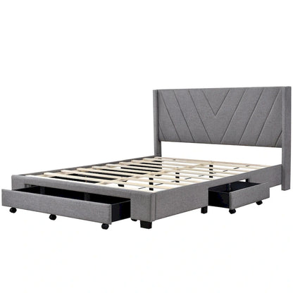 Lit plateforme CUSchoice Queen Size en lin rembourré avec 3 tiroirs et rangement