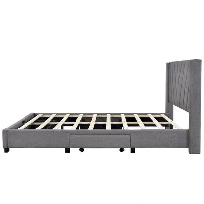 Lit plateforme CUSchoice Queen Size en lin rembourré avec 3 tiroirs et rangement