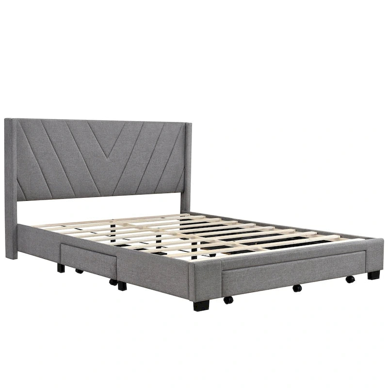 Lit plateforme CUSchoice Queen Size en lin rembourré avec 3 tiroirs et rangement