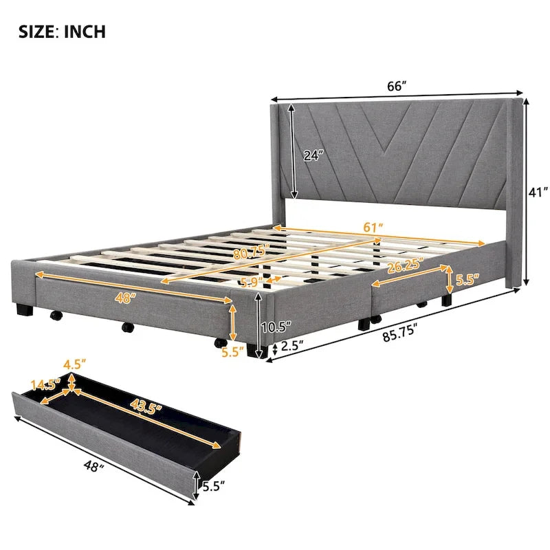 Lit plateforme CUSchoice Queen Size en lin rembourré avec 3 tiroirs et rangement