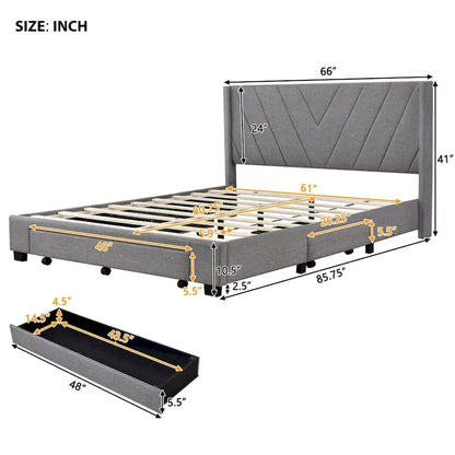 Lit plateforme CUSchoice Queen Size en lin rembourré avec 3 tiroirs et rangement