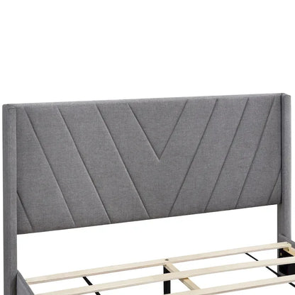 Lit plateforme CUSchoice Queen Size en lin rembourré avec 3 tiroirs et rangement
