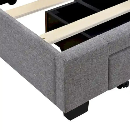 Lit plateforme CUSchoice Queen Size en lin rembourré avec 3 tiroirs et rangement