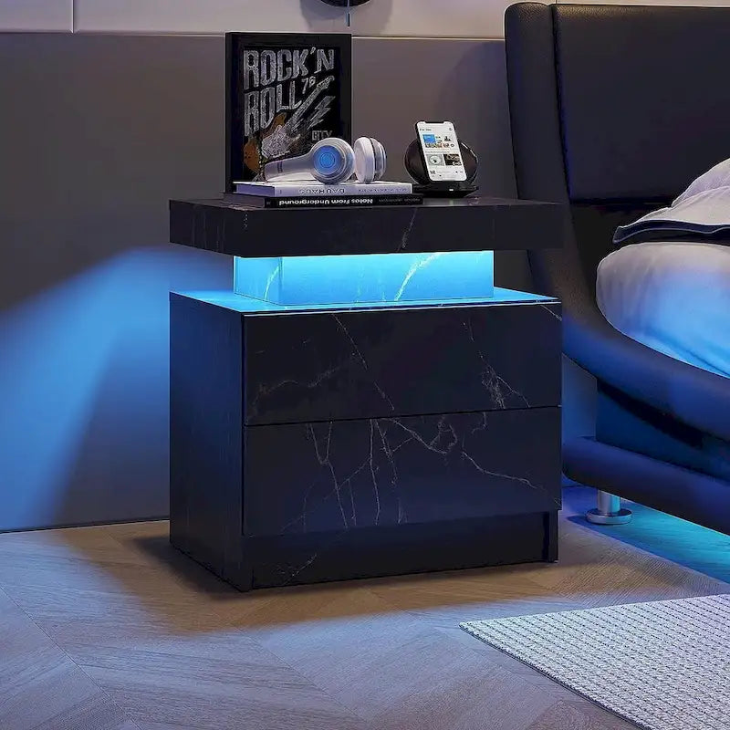 Table de chevet moderne 19,3 à 2 tiroirs avec éclairage LED réglable