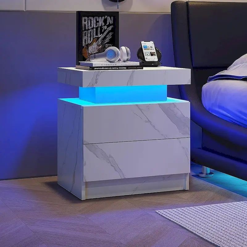 Table de chevet moderne 19,3 à 2 tiroirs avec éclairage LED réglable
