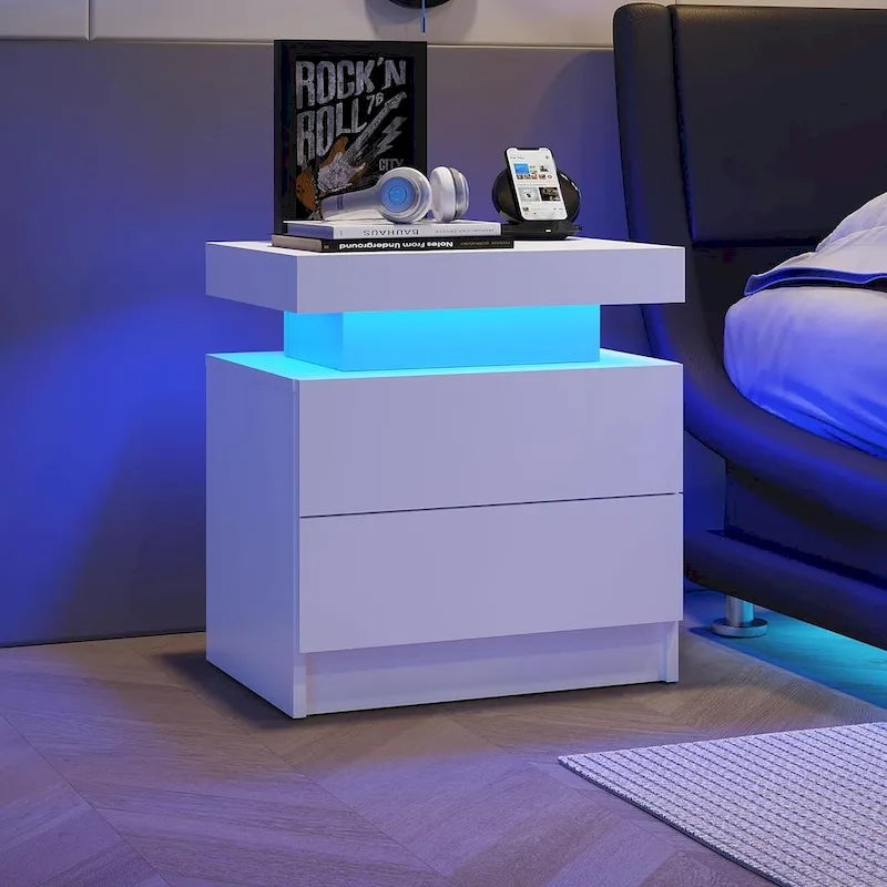 Table de chevet moderne 19,3 à 2 tiroirs avec éclairage LED réglable