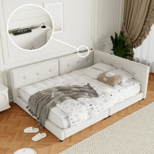 Upholstered Queen Size platform bed with USB Ports, No Box Spring Required, Easy to Assemble
